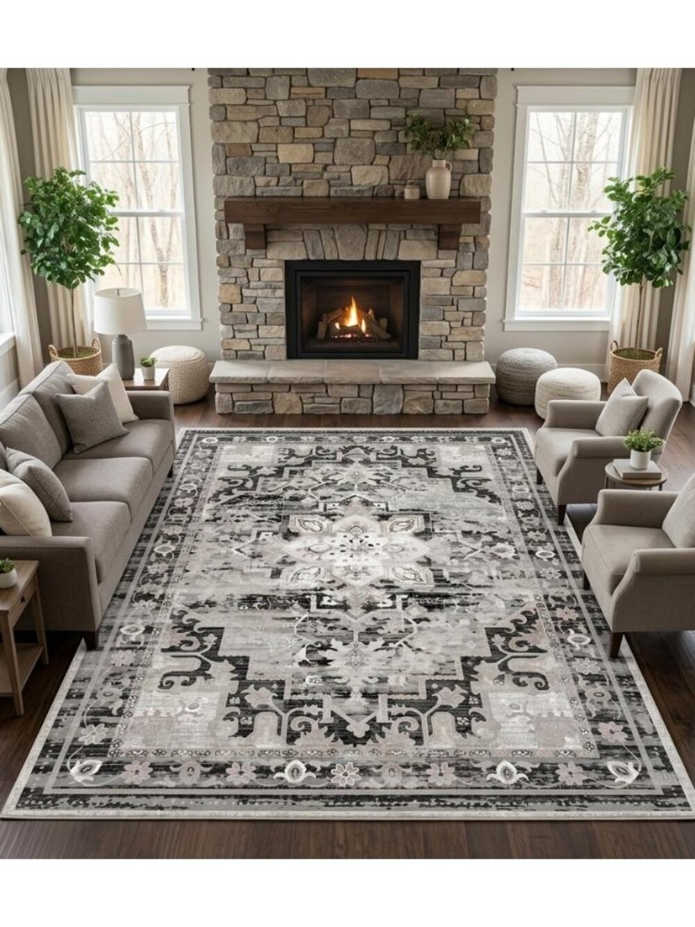 Washable Area Rug 8x10, Grey Vintage Persian Style Floral Living Room Rug